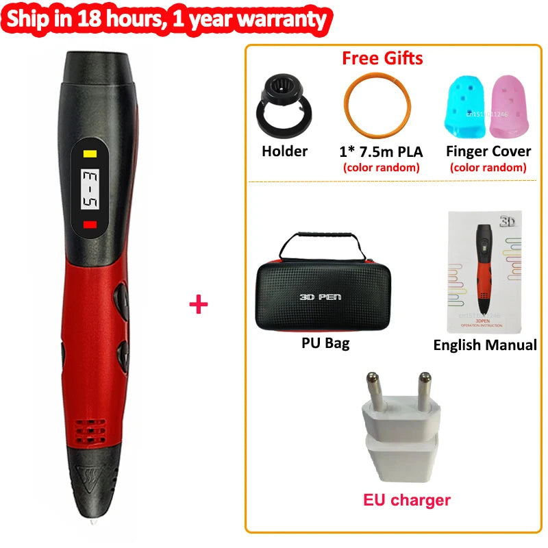 New 3D Printing Pen Kids 3 Speed Adjustable 3D Pen LCD Screen DIY Drawing Pens PLA Filament Children Girls Boys Gifts Vue EU red pen PLA Filagment