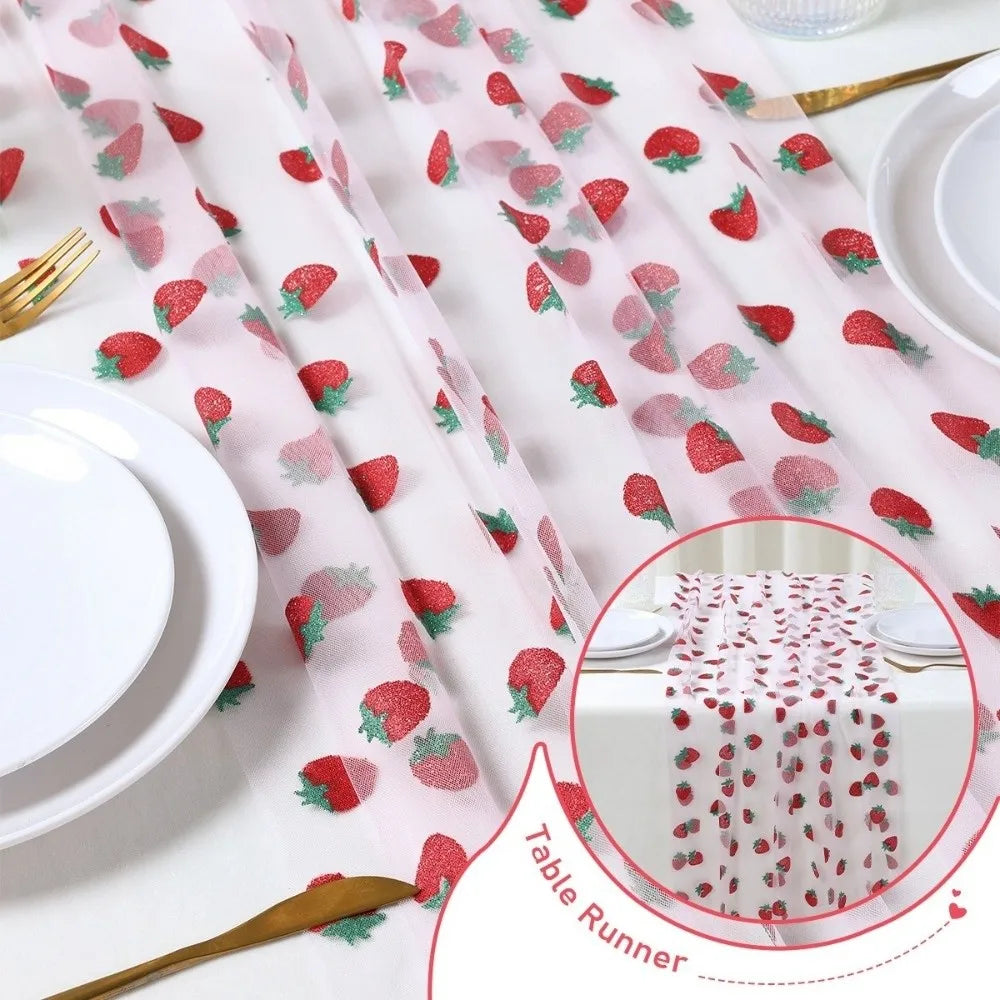 Tulle Fabric Strawberry Mesh Table Runner Sweet Glitter Polyester Gauze Tablecloth Princess Style Table Cover Vue