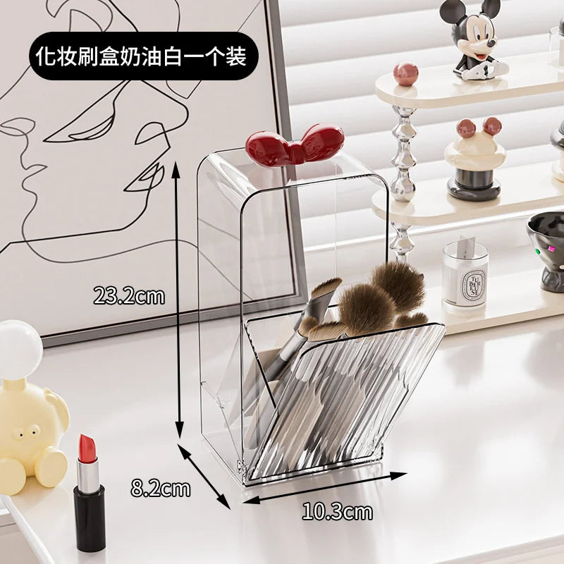 Clear Acrylic Desktop Makeup Brush Organizer Flip-Top Dustproof Cosmetic Tools Organizer with Bow Handle for Lipsticks Brushes Vue Red Bow