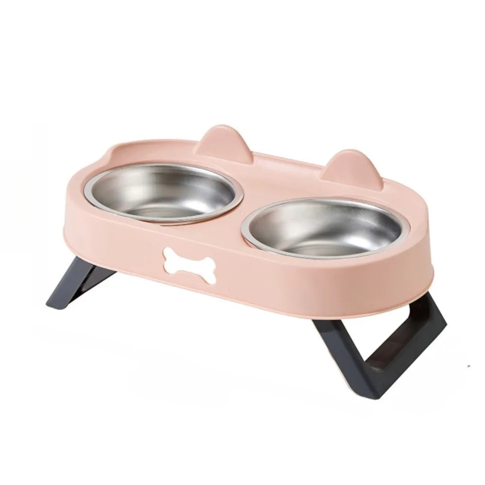 Stainless Steel Elevated Cat Bowl Cat Shaped Neck Protection Raised Pet Feeder Double Bowl Anti-Vomiting Dog Food Container Vue Pink