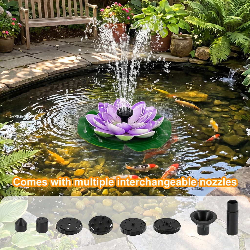 1.5W Lotus Solar Bird Bath Fountains with 6 Nozzles Free Standing Solar Fountain Floating for Garden Pond Pool and Outdoor Vue