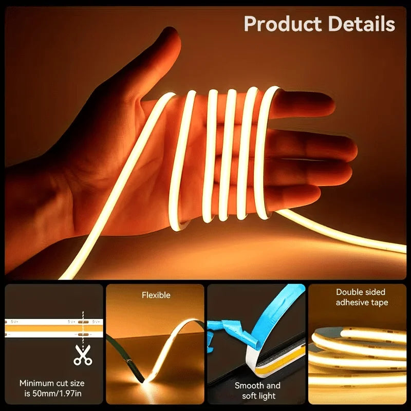 COB LED Lights Touch Dimmer Flexible Diode Tape COB Lights Strip 5V USB Powered for Cabinets TV Backlight Room Decor Vue