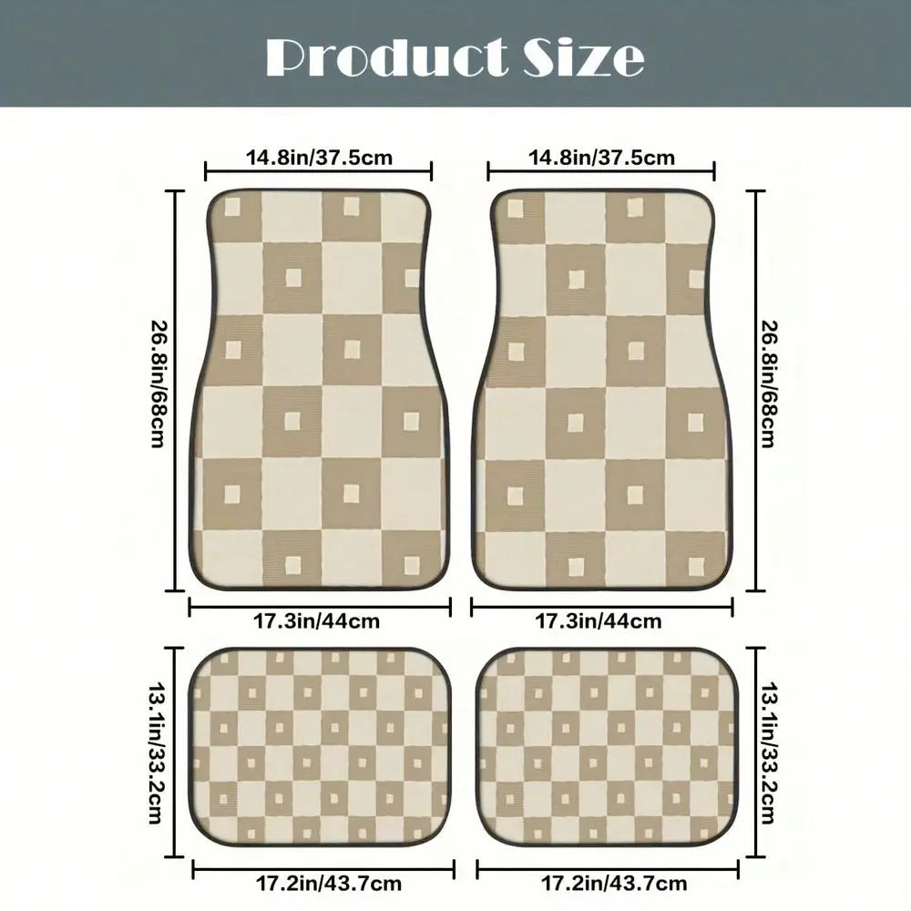 Set Of Digitally Printed Car Floor Mats, Brown And White Checkered Pattern, Universal Car Floor Mats, NonSlip And Waterproof, A Vue United States as illustrated