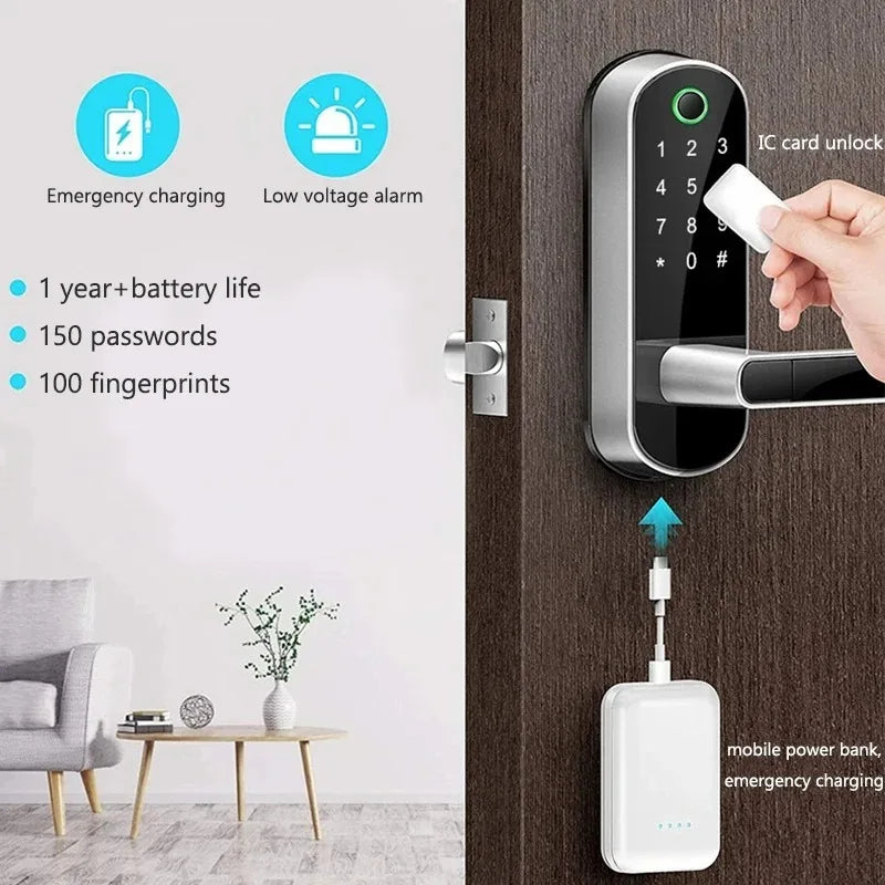 Tuya Smart Fingerprint Door Lock App Remote Control Keyless WIFI Digital Touchscreen Lock NFC with 2 IC Cards IP68 Waterproof Vue
