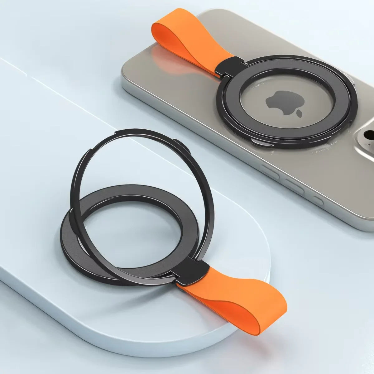 Universal Magnetic Phone Stand Grip Finger Ring Car Magsafe Holder Bracket Hand Strap For iPhone 15 14 12 Pro Max Plus Samsung Vue Black-Orange Strap