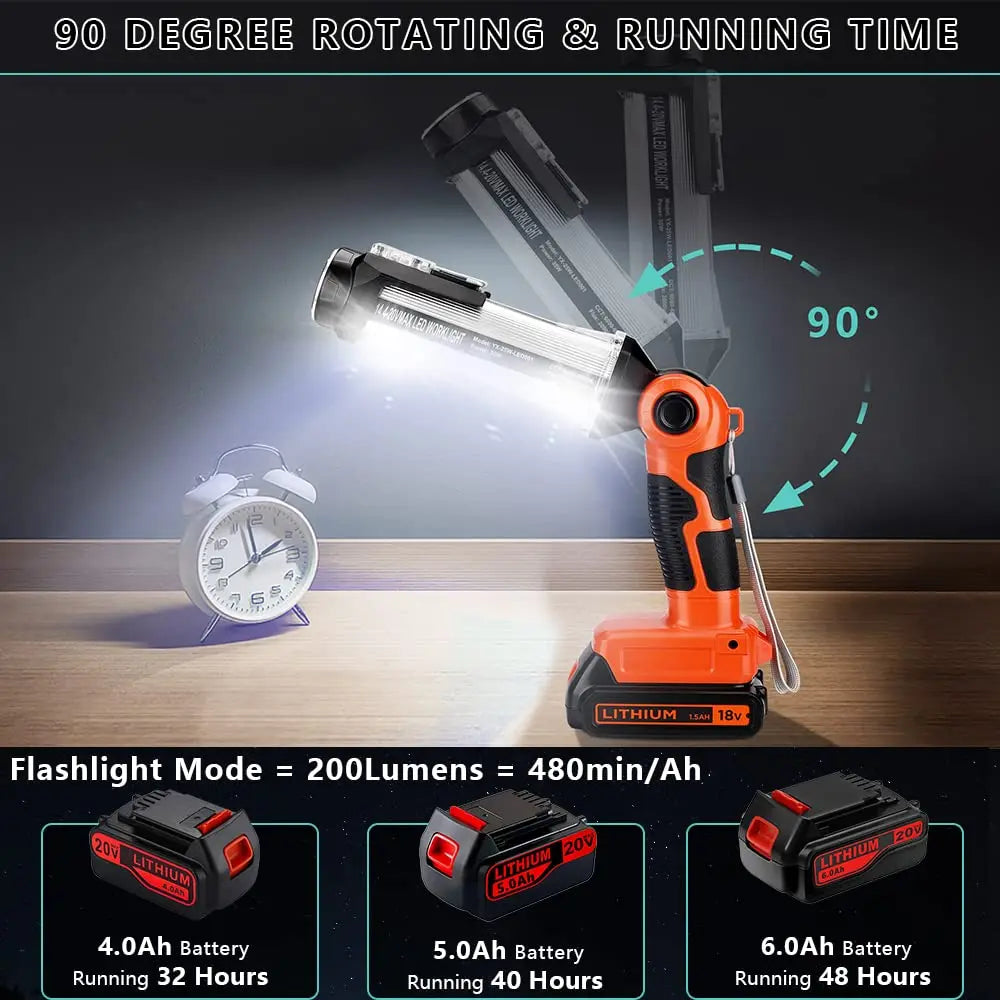 Rechargeable Battery LED Work Light Outdoor Flashlight Portable Camping Light for Black & Decker 20V Li-Ion Battery with Hook Vue