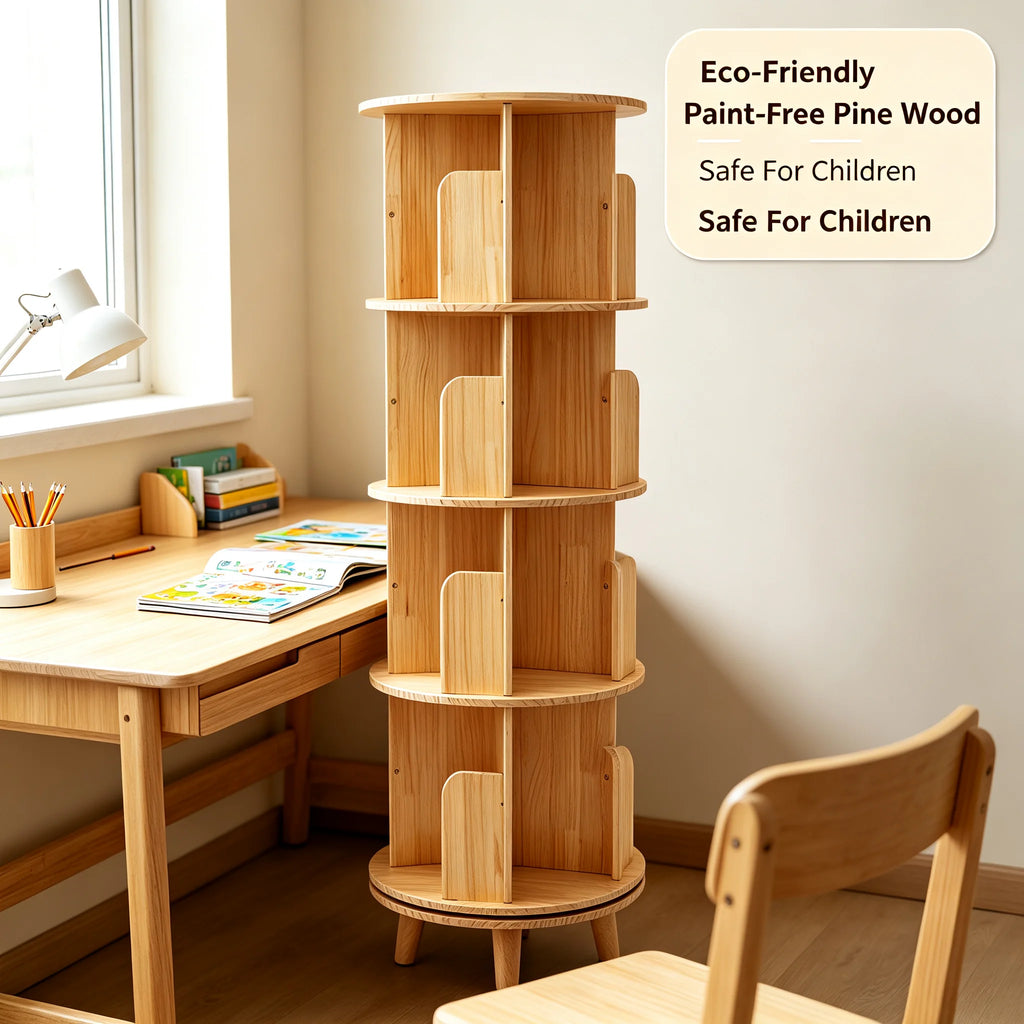 4-Tier Rotating Bookcase | 360° Spin | Solid Pine Wood Storage Rotating Bookcase Vue