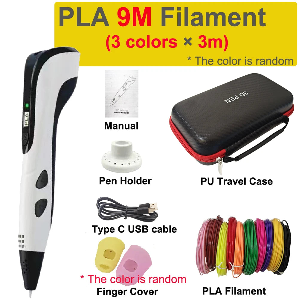 New 3D Printing Pen 3D Pen for Children 1.75mm PLA Filament DIY Drawing Birthday Christmas Gifts for Kids with Travel Case Vue White-9mPLA add EU adaper