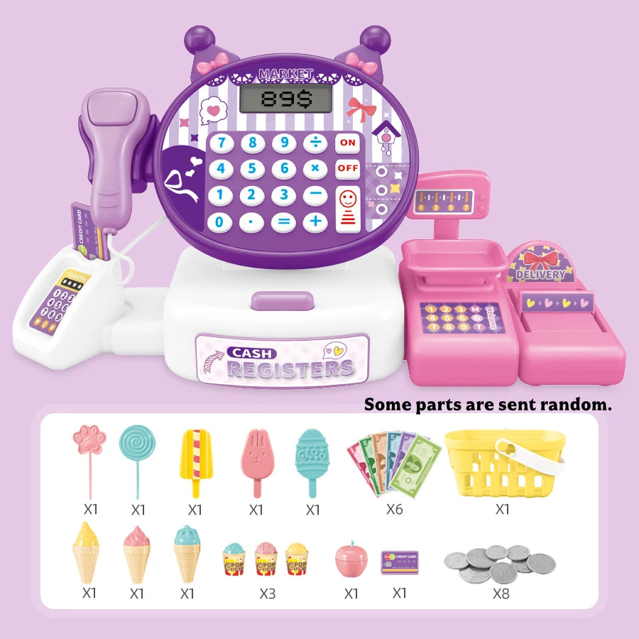 Mini Cartoon Cash Register with Lights:Supermarket Simulation with Scanning, Calculate,Cart—Interactive Parent-Child Toy Set Vue 911A