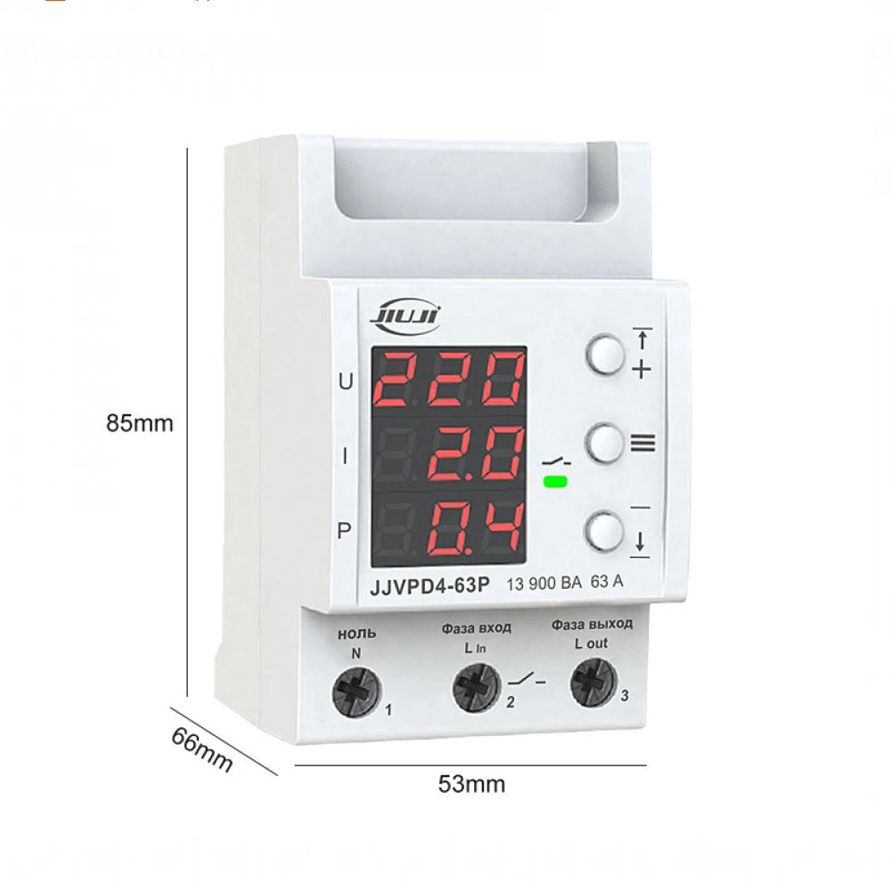 63A 220V Din Rail Adjustable Digital Over and Under Voltage Protector Relay Limit Current Protection Device Reset Switch Vue