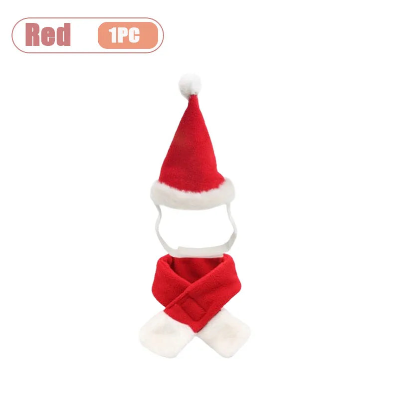 1-10PC Pet Christmas Hat and Scarf Set Adjustable Soft Outfit Holiday Costume for Cats and Small Dogs Party Dress Up Accessories Vue Red-1PC