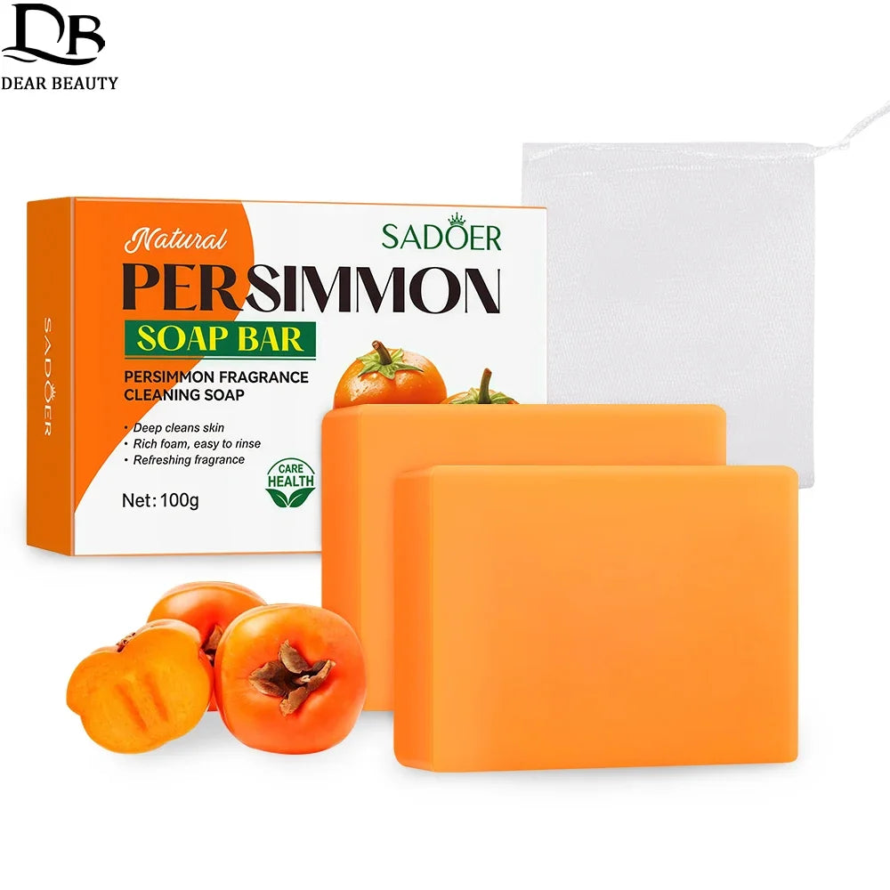 1/2Pcs Persimmon Cleansing Soap Bar with Foaming Net Body Care Face Wash Exfoliating Whitening Soap Fruit Handmade Shower Soap Vue