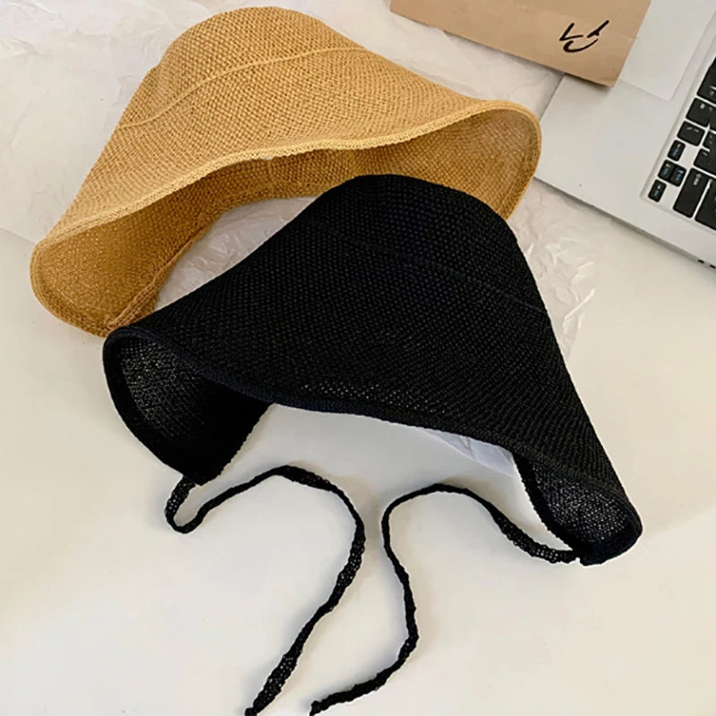 Linen Straw Regency Bonnets Hats For Women Sun Hats Bow Beach Cap Big Wide Brim Cloche Hat Chapeau Femme Lace Up Outdoor Summer Vue