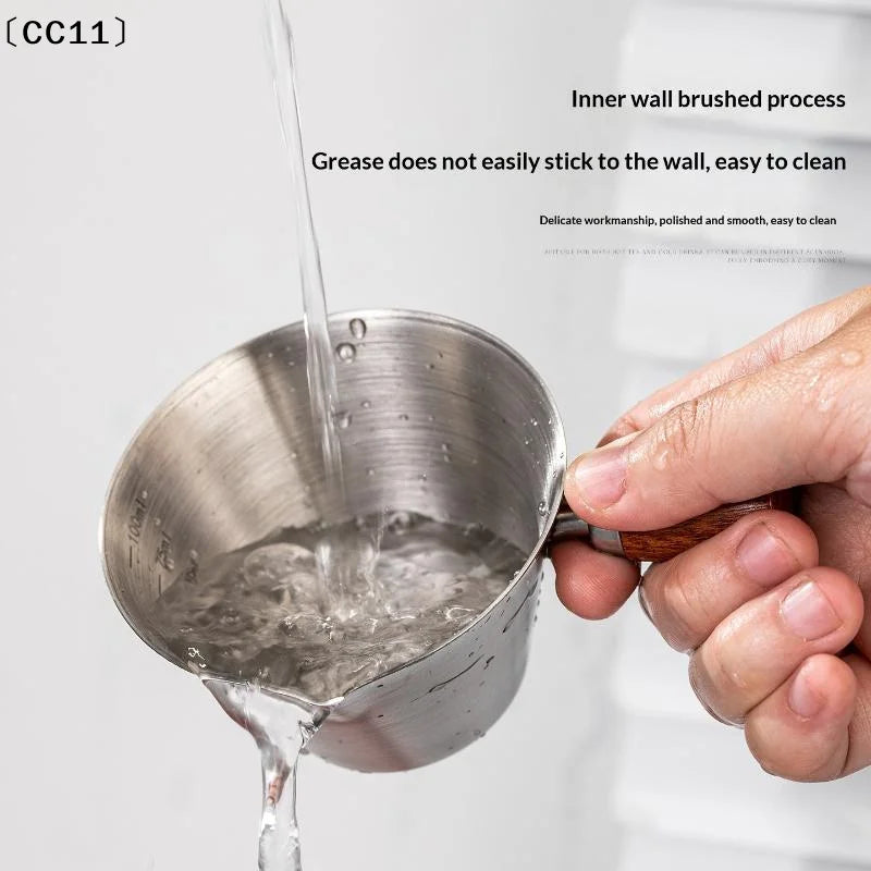 Stainless Steel Measuring Cup Wooden Handle Coffee Milk Pitcher Scale