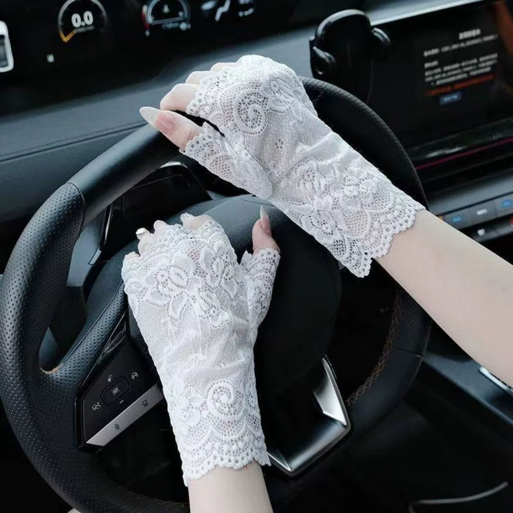 Summer Thin Half-finger Gloves Elasticity UV Protection Mesh Lace Vue White