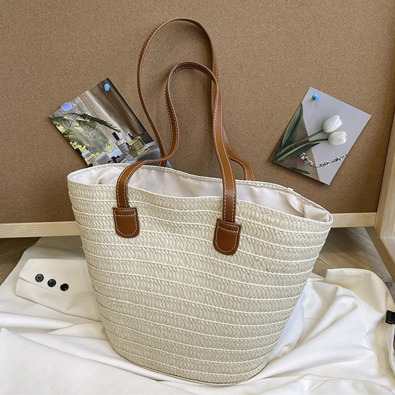 Women Braided Basket Clutches Top-handle Bag Large Straw Portable