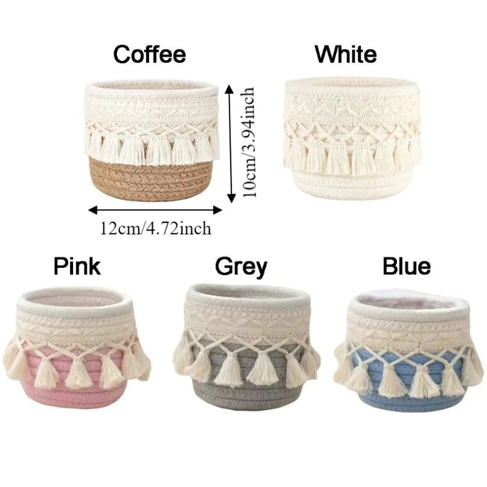 Cotton Rope Woven Storage Basket Bohemian Style Round Makeup Brush Storage Box Lightweight Tassels Storage Basket Vue