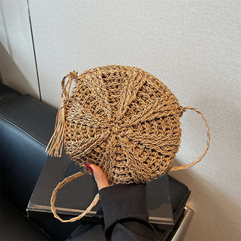 Rattan Woven Round Women Straw Bag Handbag Knit Summer Beach Woman