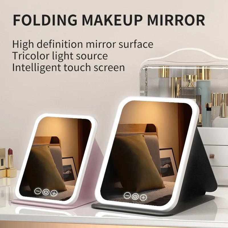 LED Makeup Mirror Portable Foldable with Light Rechargeable Makeup Mirror Desktop Fill Light Leather Shell Mirror Vue