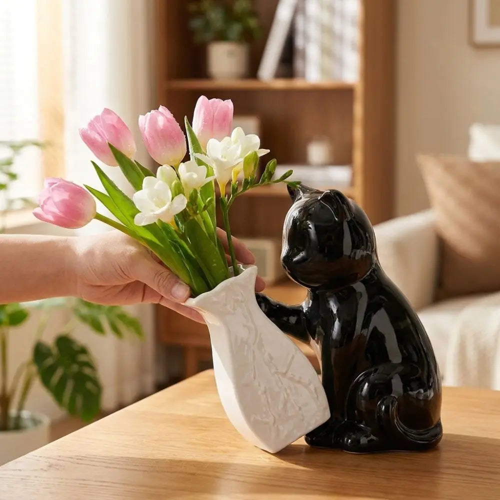 Artistic Ceramic Cat Pushing Vase Unique Handmade Kitten with Tilted Flower Vase Cat Statue Flower Holder Home Decor Vue