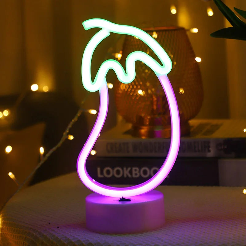 Flame Sign Neon Light LED Fire Flaming Logo Modeling Eggplant Lamp Decor Barbecue Restaurant Shop Room Wall Table Bar Club Party Vue