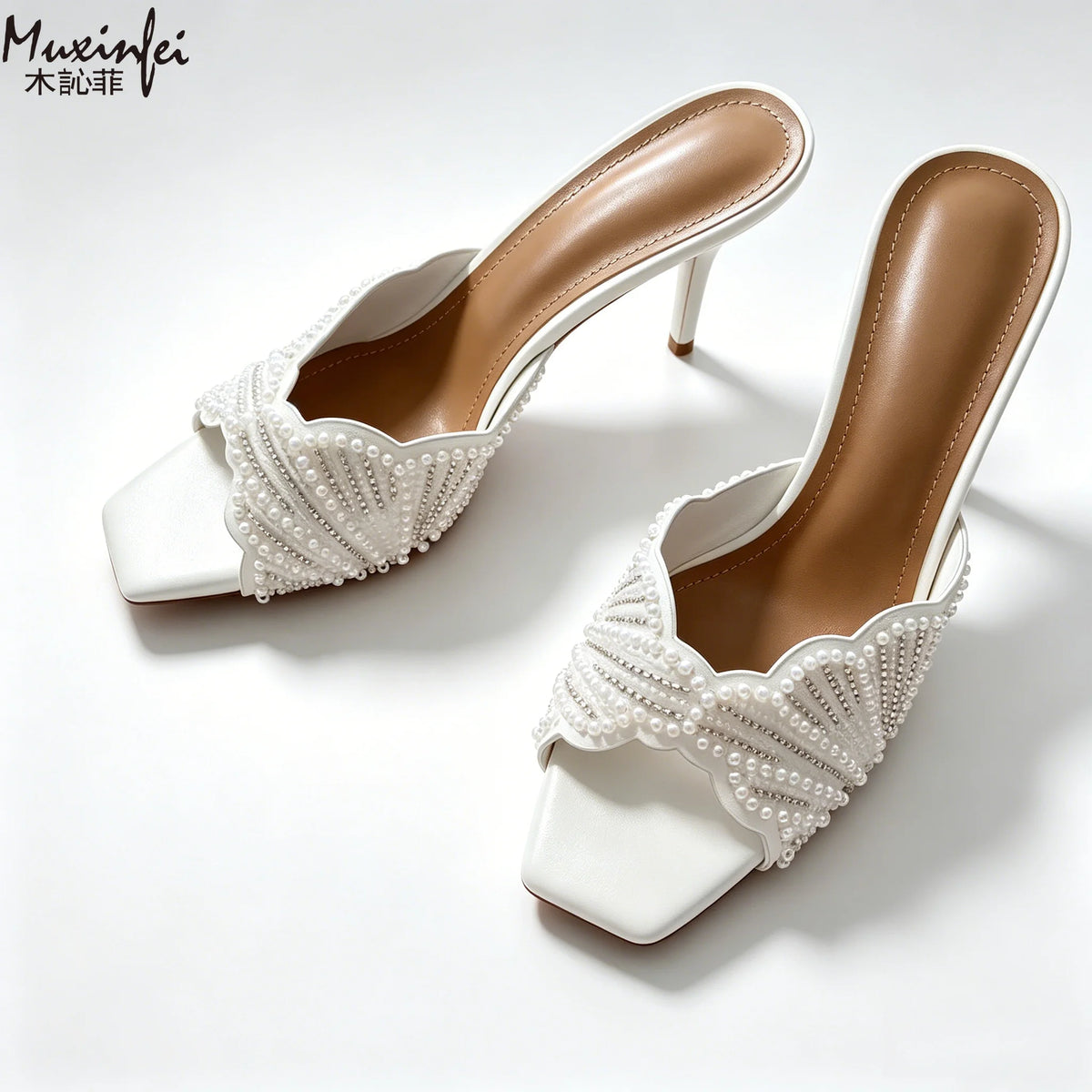 Women's Square Toe Rhinestone Mule High Heels | Beaded Sandals Rhinestone Mule Heels Vue