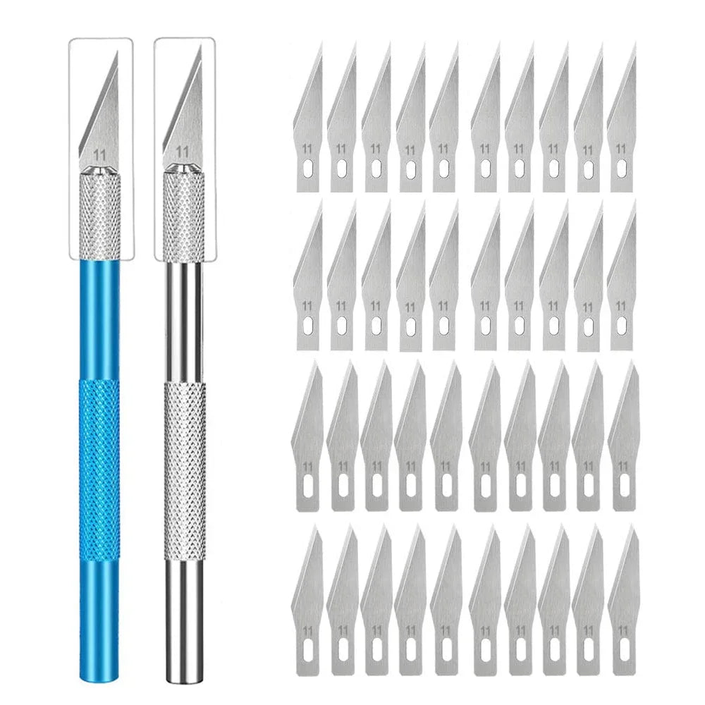 vvocci Non-Slip Engraving 10pcs Metal Knife Kit + 40 Blades Cutter Craft Knives #11 for Mobile Phone PCB Repair Hand Tools Vue M264 Blue Silver