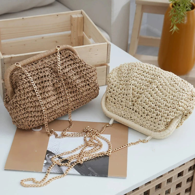 Summer Straw Weaving Crossbody Bag Fashionable Shell Women's Chain