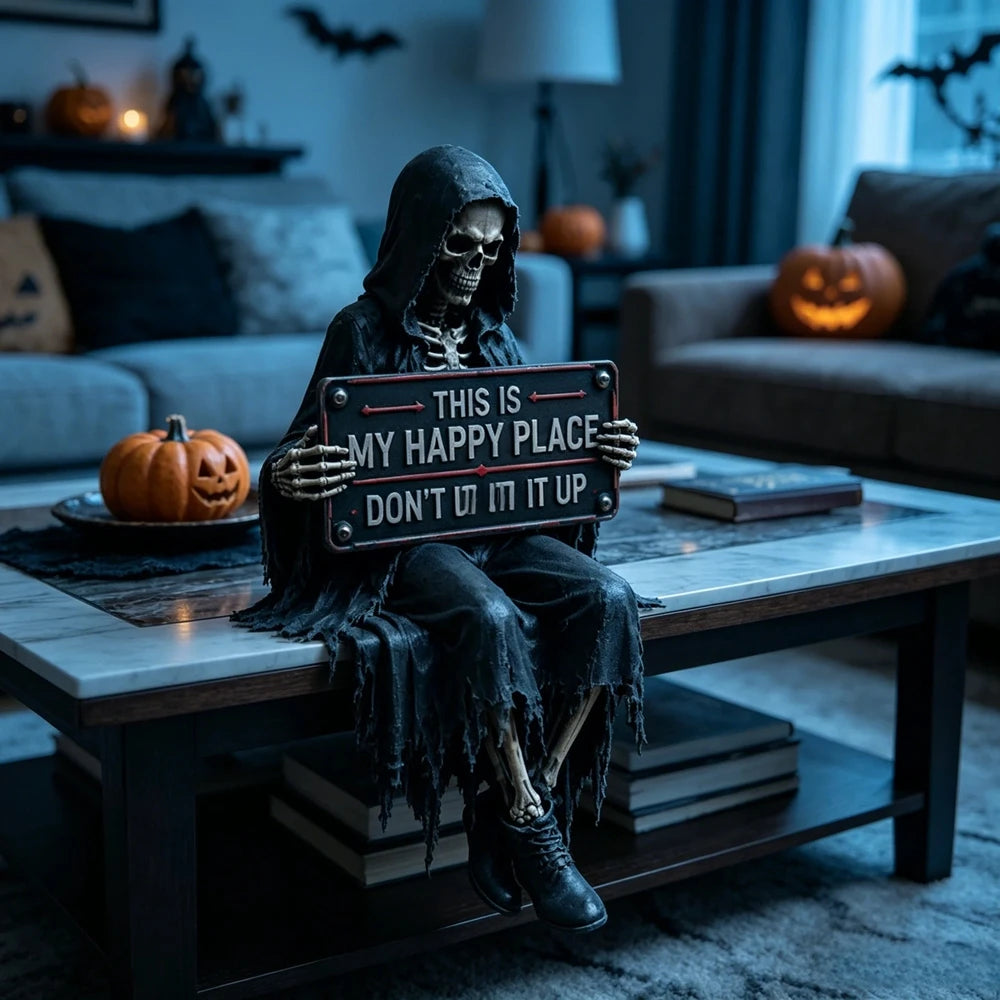 Grim Reaper Skeleton Shelf Sitter Statue | Gothic Halloween Decor Resin Shelf Sitter Statue Vue As pic S