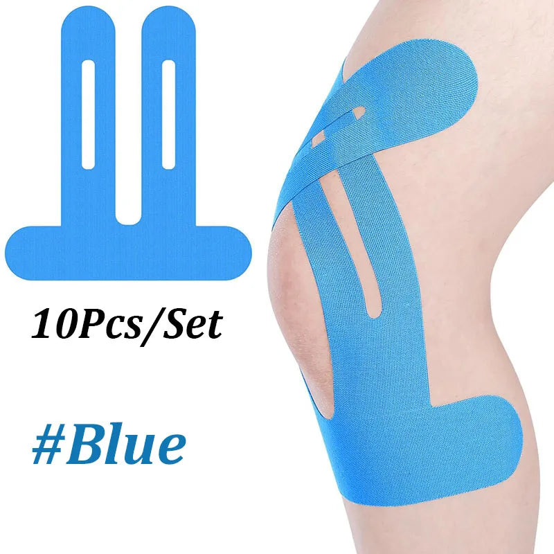 10PCS Precut Kinesiology Tape For Knees,Waterproof Elastic Breathable Knee Tape,Athletic Tape Provide Support Stability Running Vue Blue