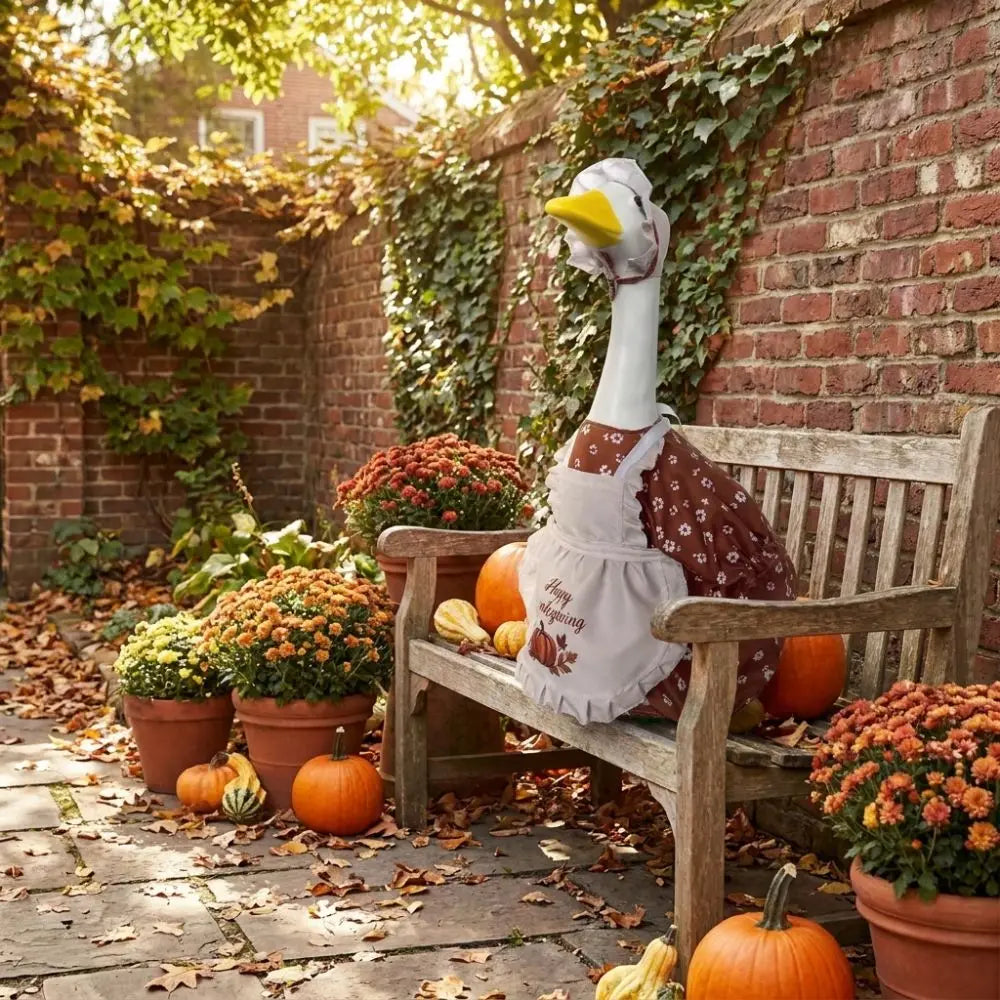 Pumpkin Print Thanksgiving Porch Goose Dress Outfit Maple Leaf Ruffled Hat Goose Hat Dress Set Harvest Theme Rustic Vue