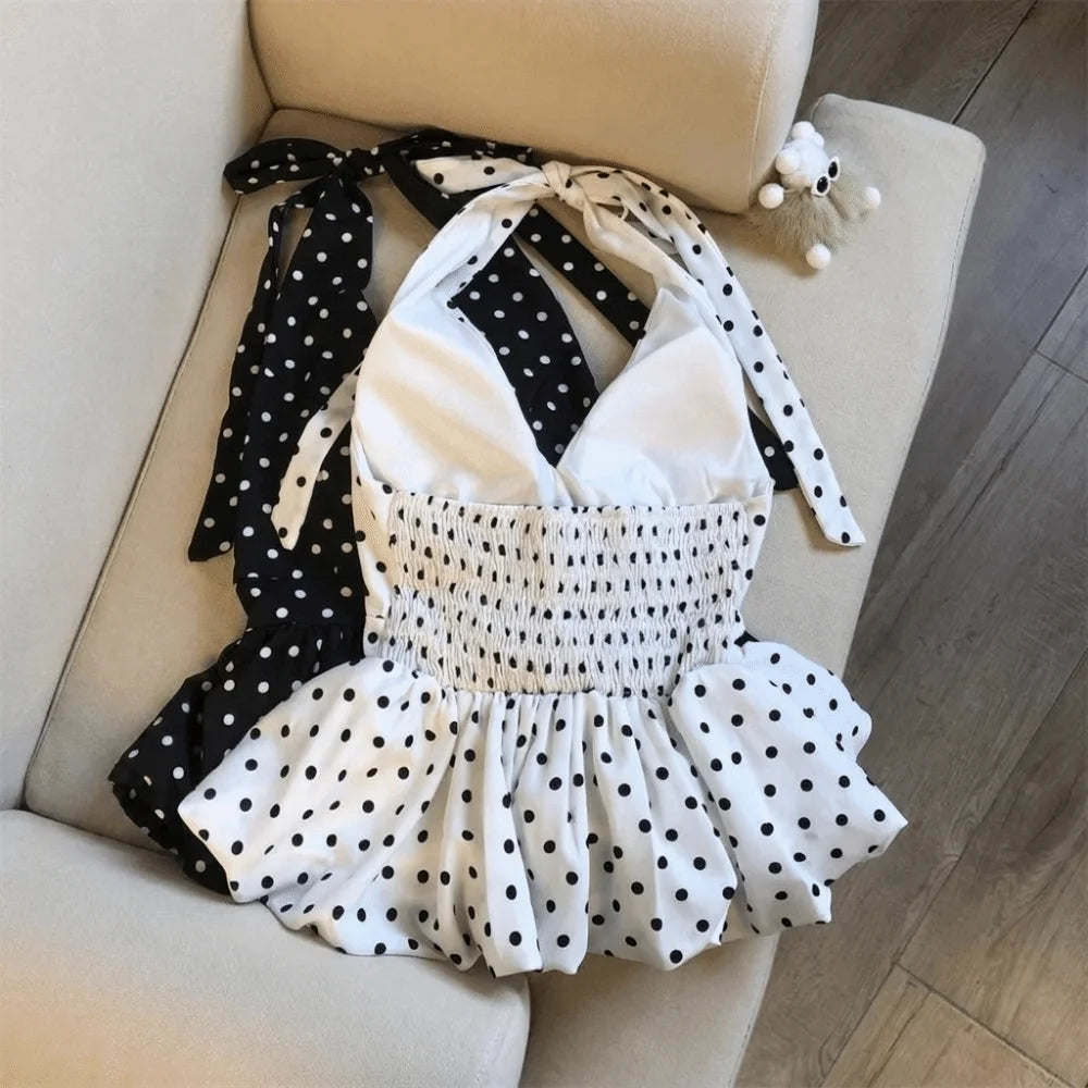 Casual Neck Hanging Backless Crop Dot Pattern Basic Halter Open Back