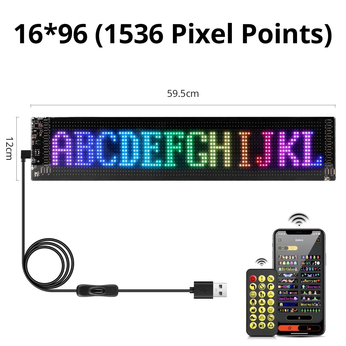 Scrolling Advertising LED Sign Panel Bluetooth App Control Logo Light Customize Text Pattern Animation Programmable Car Display Vue 16x96 LEDs 12x60CM