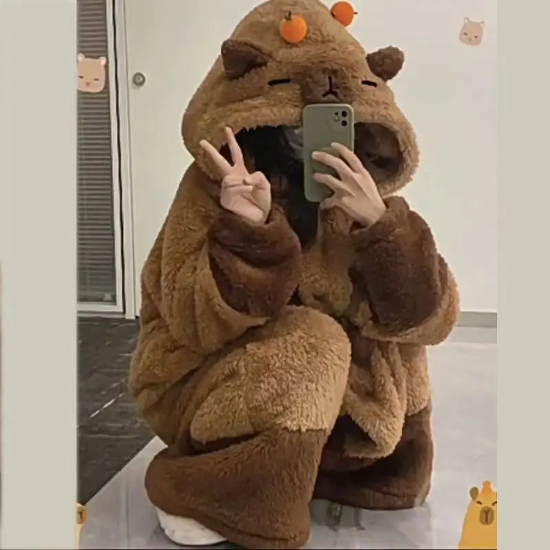 Hot Cute Capybara Winter Pajama Cartoon Animal Soft Plush Jumpsuit For Adults Kawaii Velvet Pajama Night Robe Cosplay Suit Vue