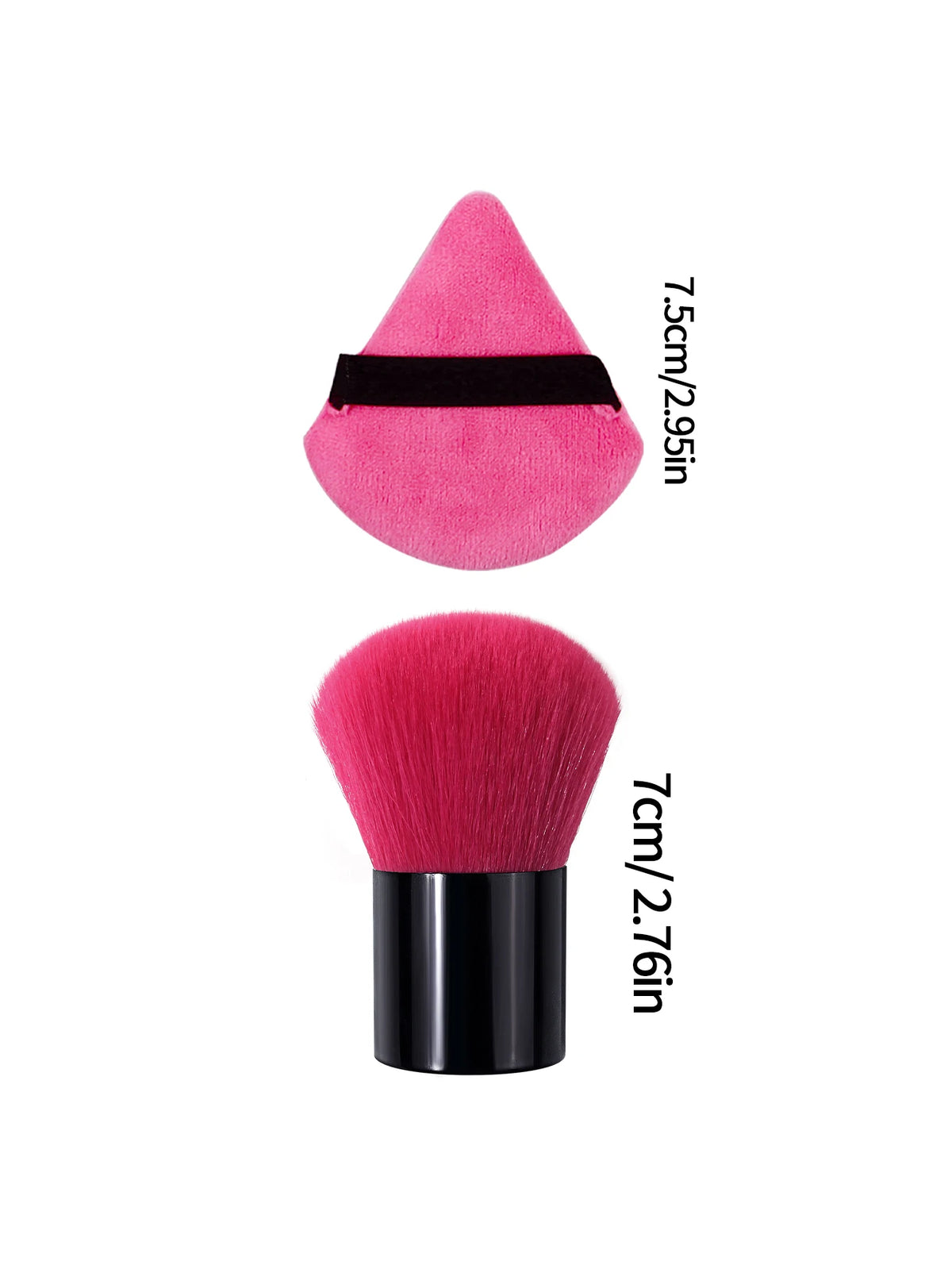 2PCS Blush Makeup Tool Set, Black Short Handle Rose Red Fluffy Blush Brush + Triangle Velour Finger makeup Puff Travel Cosmetic Vue