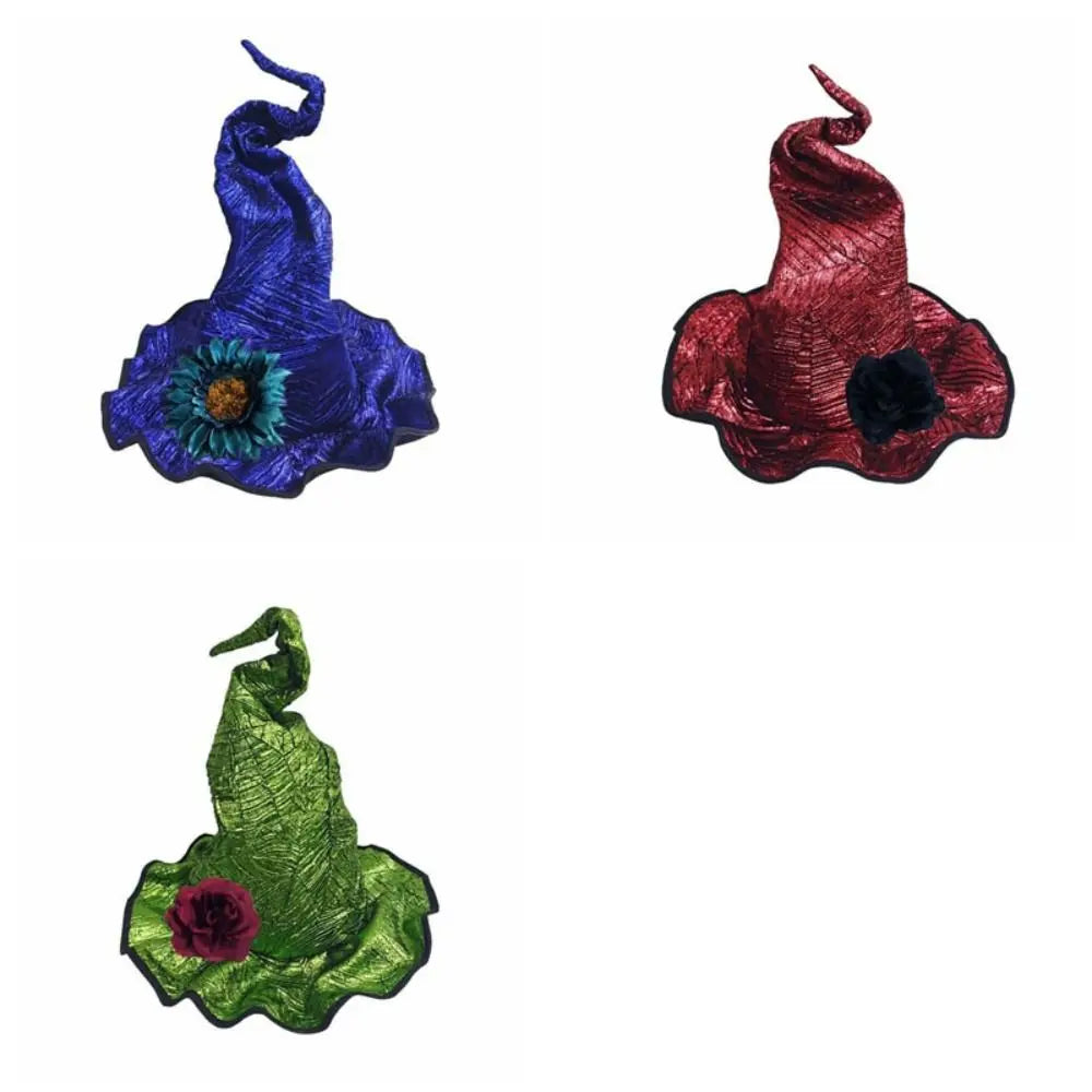 Floral Halloween Witch Hat Adjustable Twisted Wizard Cap Tall Pointed Cone Top Gothic Pointed Mage Hat Halloween Party Vue