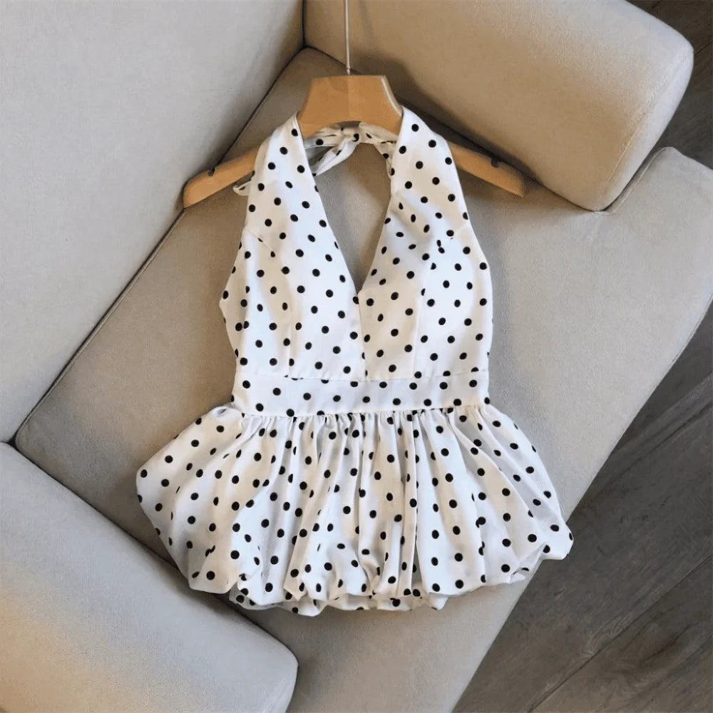 Casual Neck Hanging Backless Crop Dot Pattern Basic Halter Open Back Vue White S