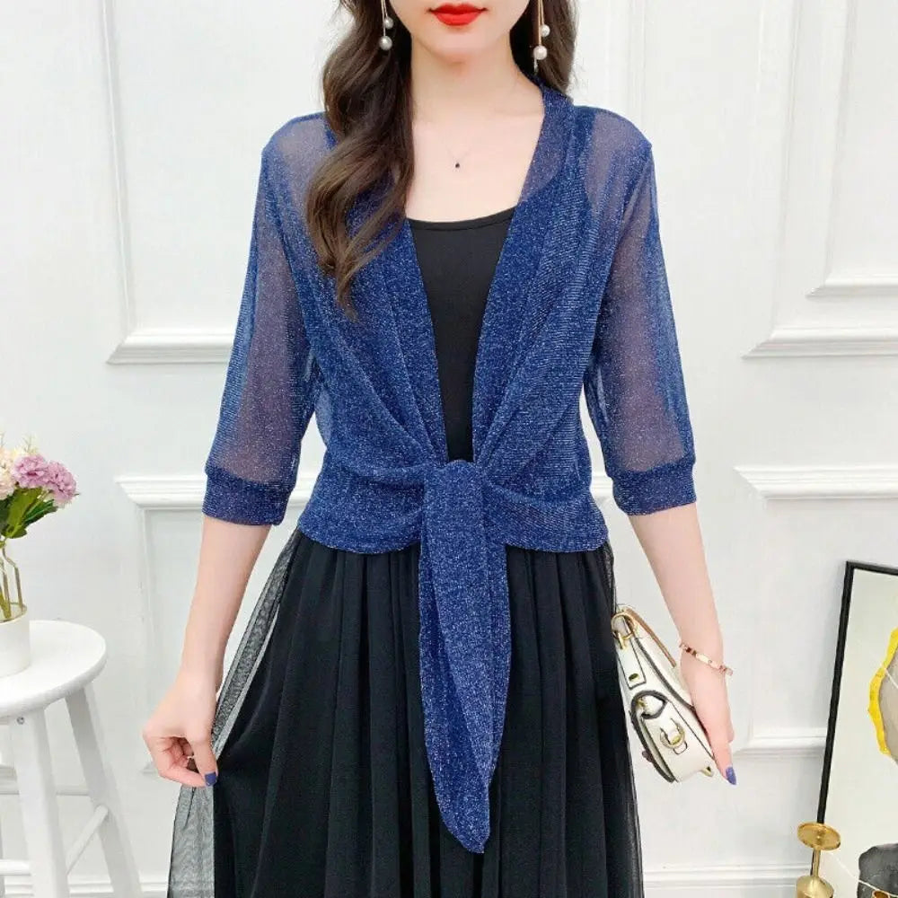 Glitter Tie Up Open Front Shrug Ladies Shawl Cropped Beach Summer Sun Vue Navy