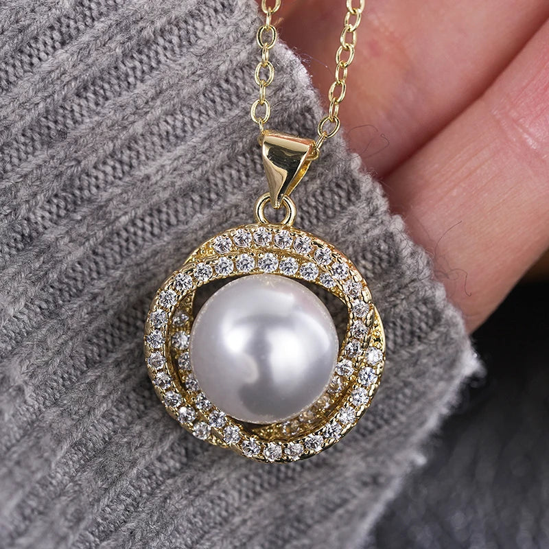 Huitan Gold Knot Pendant Necklace – Pearl & CZ Women's Jewelry Pendant Necklace Vue