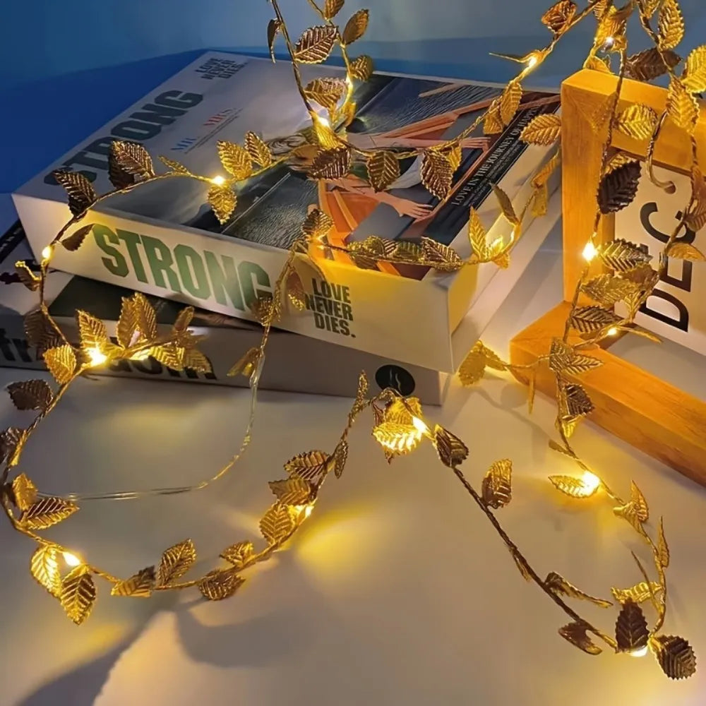 1PC 20/50LED Golden Leaf Garland Fairy Lights, Battery Operated, Elegant Decoration for Home,Christmas,Thanksgiving,Table, Party Vue