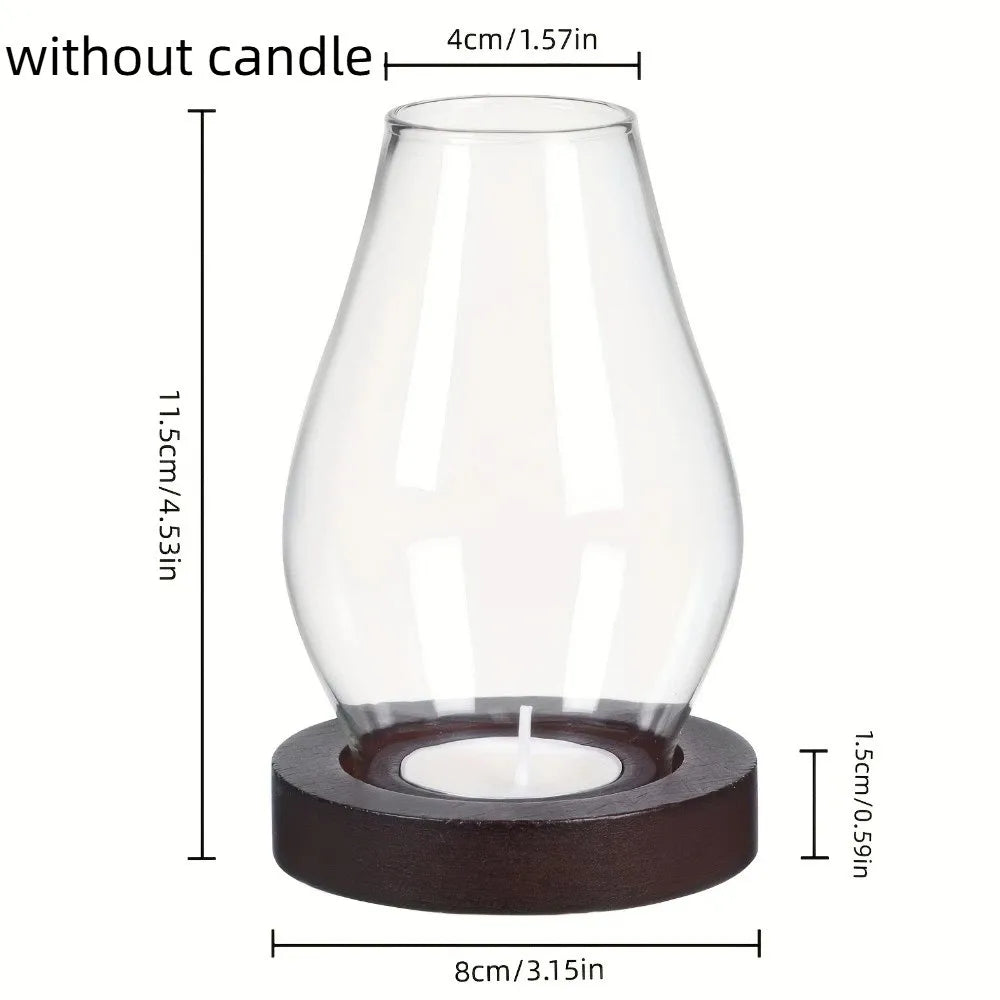 Windproof Glass Candle Holder Transparent Vintage Style Candle Cup Cover Heat-resistant Solid Wood Base Incenses Stove Lamp Vue