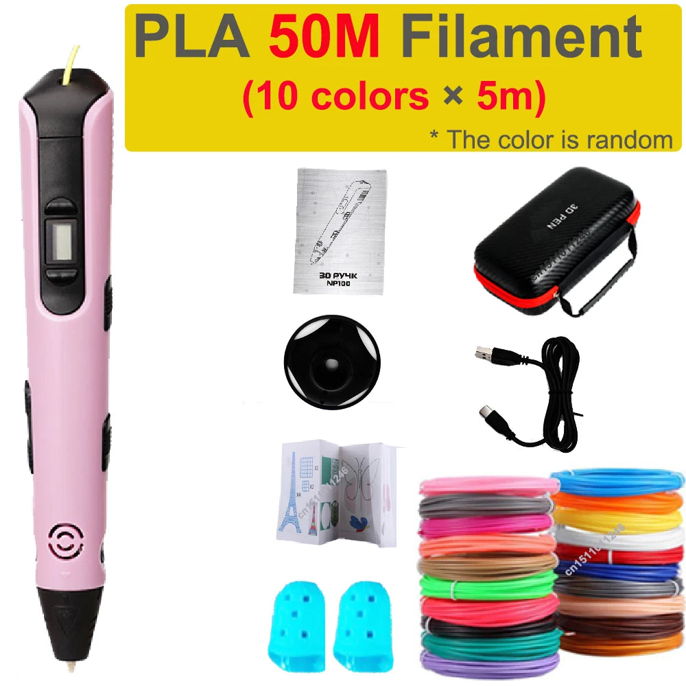 Electronic 3D Printing Pen Kids 1.75mm PLA Filament Graffiti Tool DIY Drawing 3D Pen Children Boys Girls Birthday Holidays Gift Vue Pink-50PLA