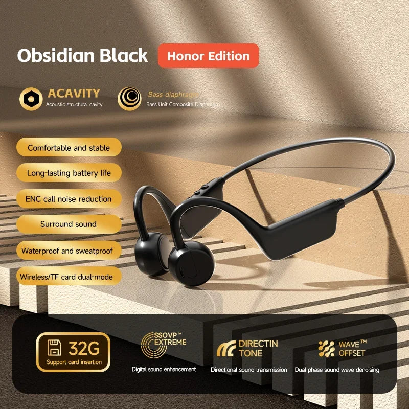 Bone Conduction Bluetooth Earbuds IPX8 Running Sports Waterproof Over-Ear Style Long Battery Life Low Noise With Mic Vue Obsidian Black