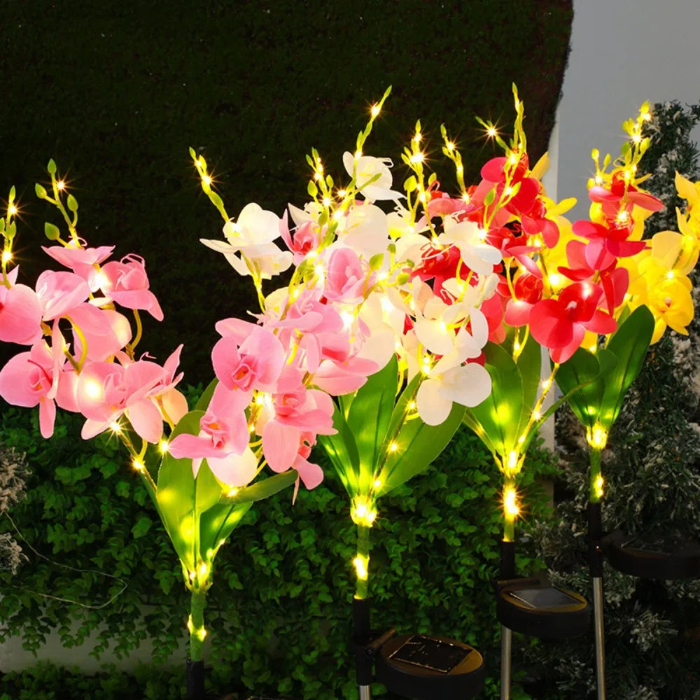 Solar Phalaenopsis Orchid Outdoor Stake Lights, 5Head Artificial Butterfly Orchid LED Lamp for Lawn Yard Garden Party Decor Vue