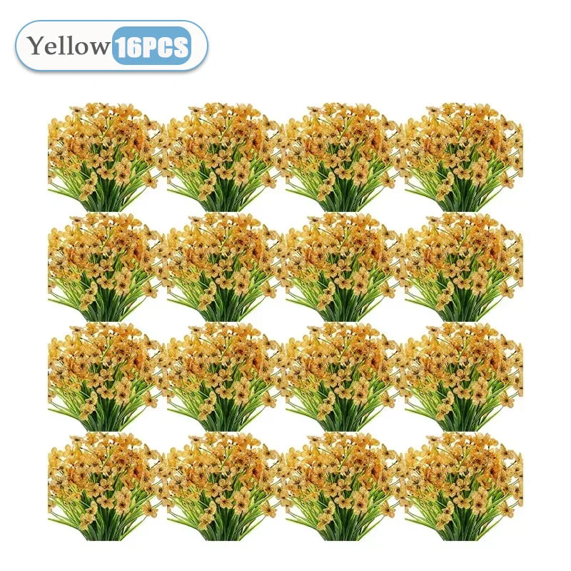 2-16PCS Violet Artificial Flowers Wall Hanging Fake Flower Bouquet Outdoor Home Garden Decoration DIY Wedding Party Home Decor Vue Yellow-16PCS