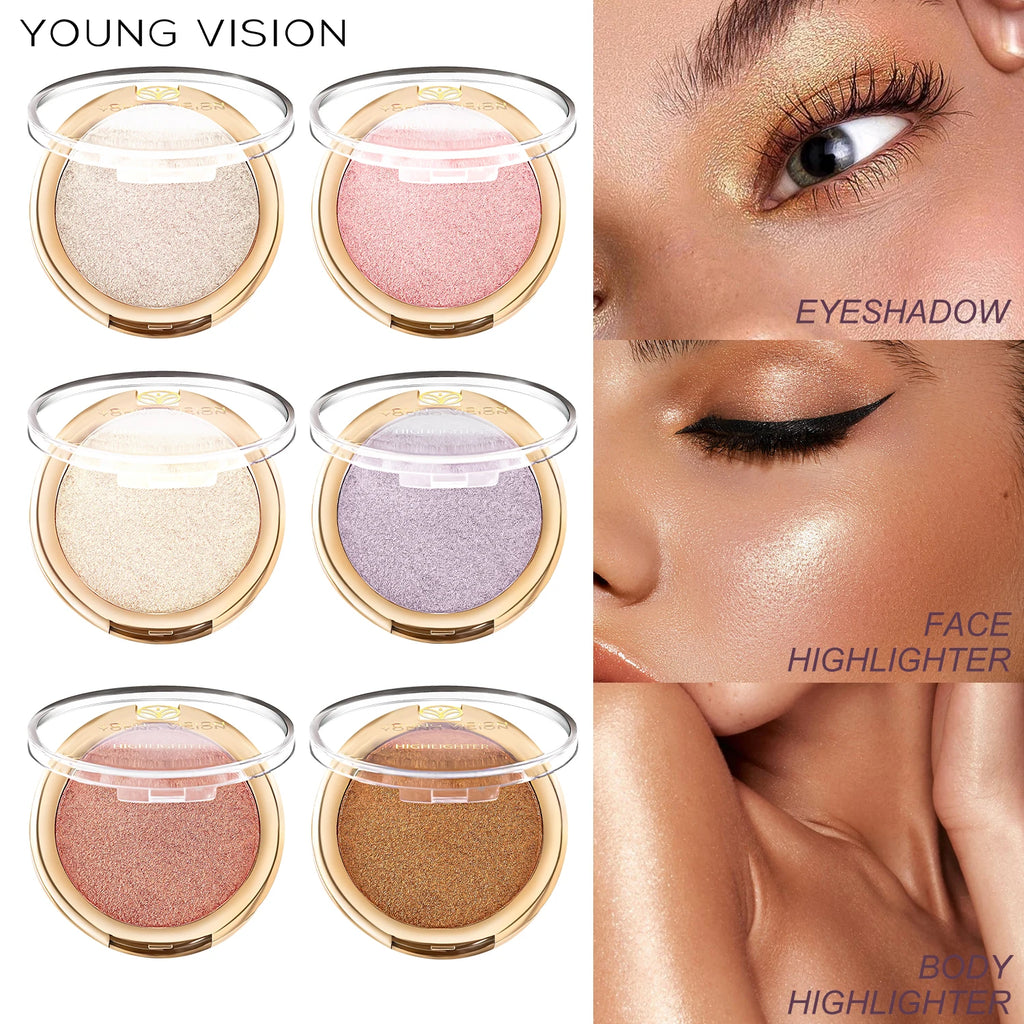 YOUNG VISION 6-Color Pearl Shimmer Highlighter Ultra-Luminous Contouring Powder for Sculpting and Highlighting Vue