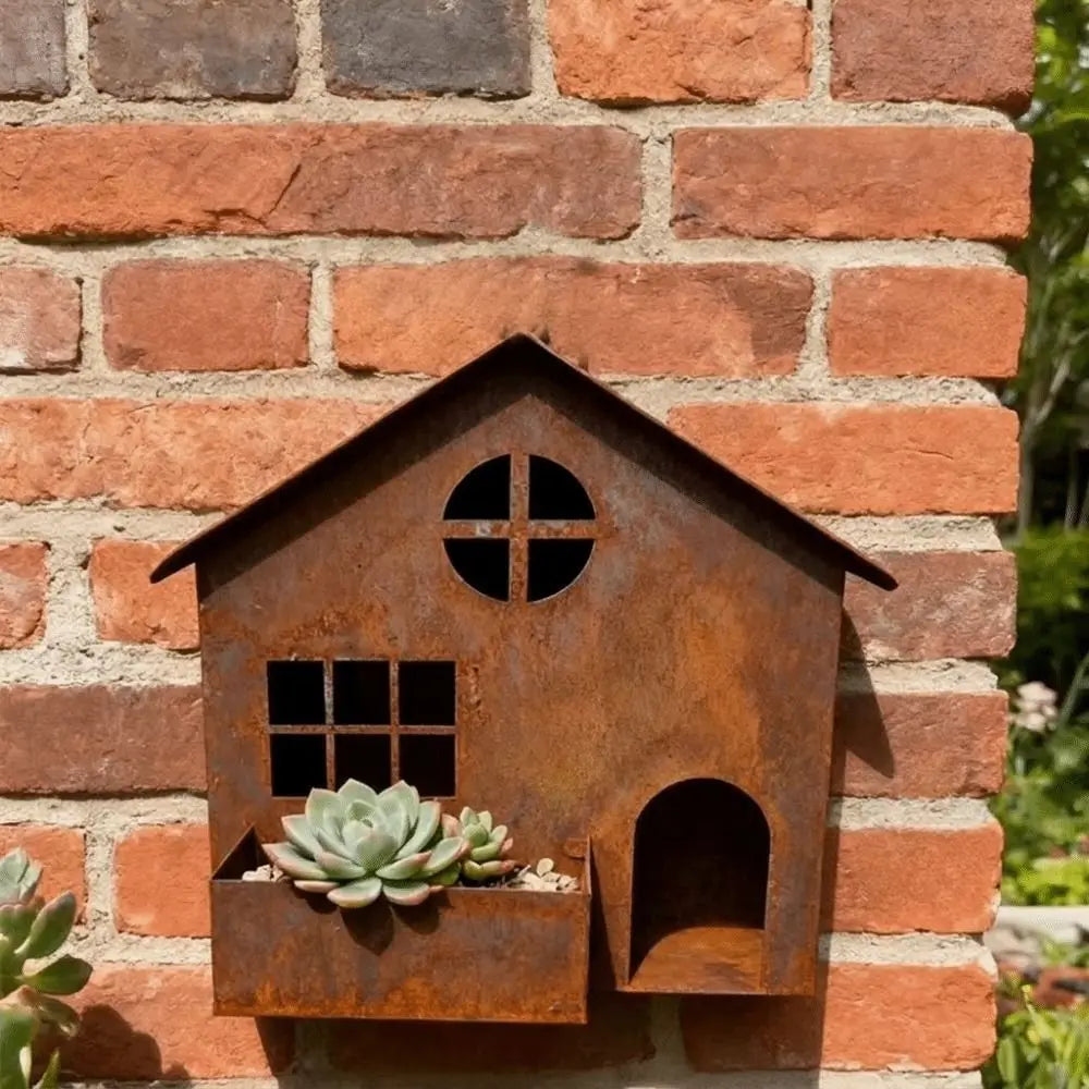 Iron Rusted House Flower Pot Decorative Wall Mounted Hanging Flower Pot Wear-resistant Succulent Planter Garden Decoration Vue