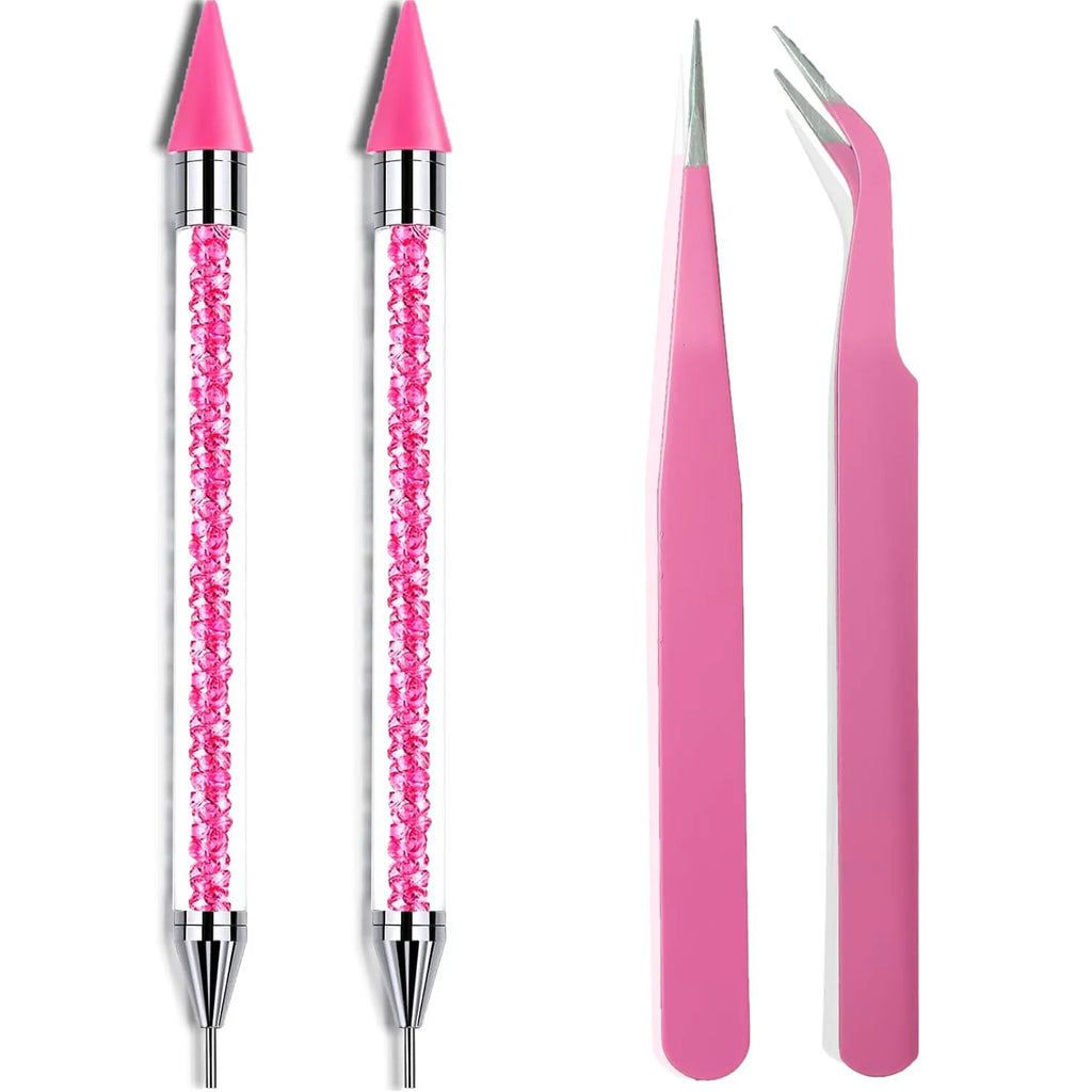 4 Pink Rhinestone Picker Tool Set 2Pcs Dual-Head Wax Pens 2 Tweezers Wax Pencil for Nail Art Crystal Diamond Pickup Vue