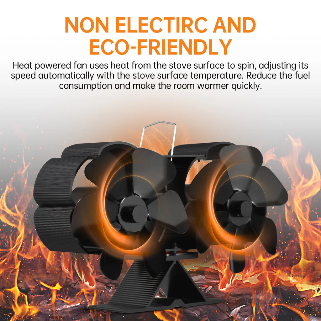 Dual Head 6 Blade Heat Powered Stove Fan with Carrying Handle and Overheating Protection Portable Heat Fan Vue