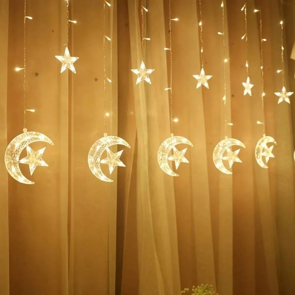 1PC 3.5M120LED Moon&Star LED curtain light,powered by 3AA batteries(excluding batteries),used for Ramadan room decoration Vue